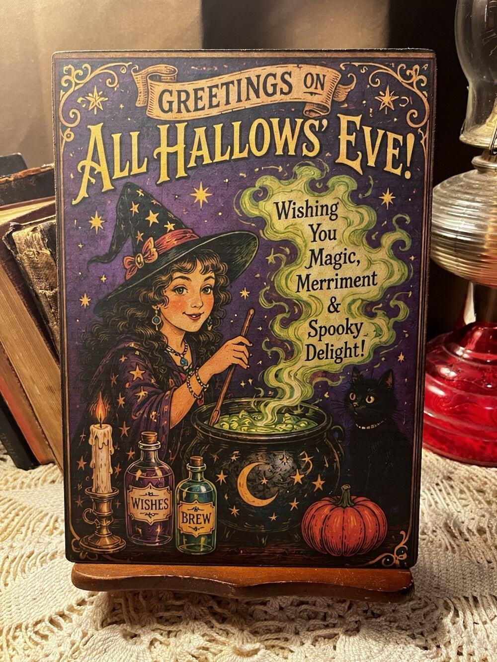 Halloween, Witch, All Hallows Eve, Retro Handcrafted Plaque
